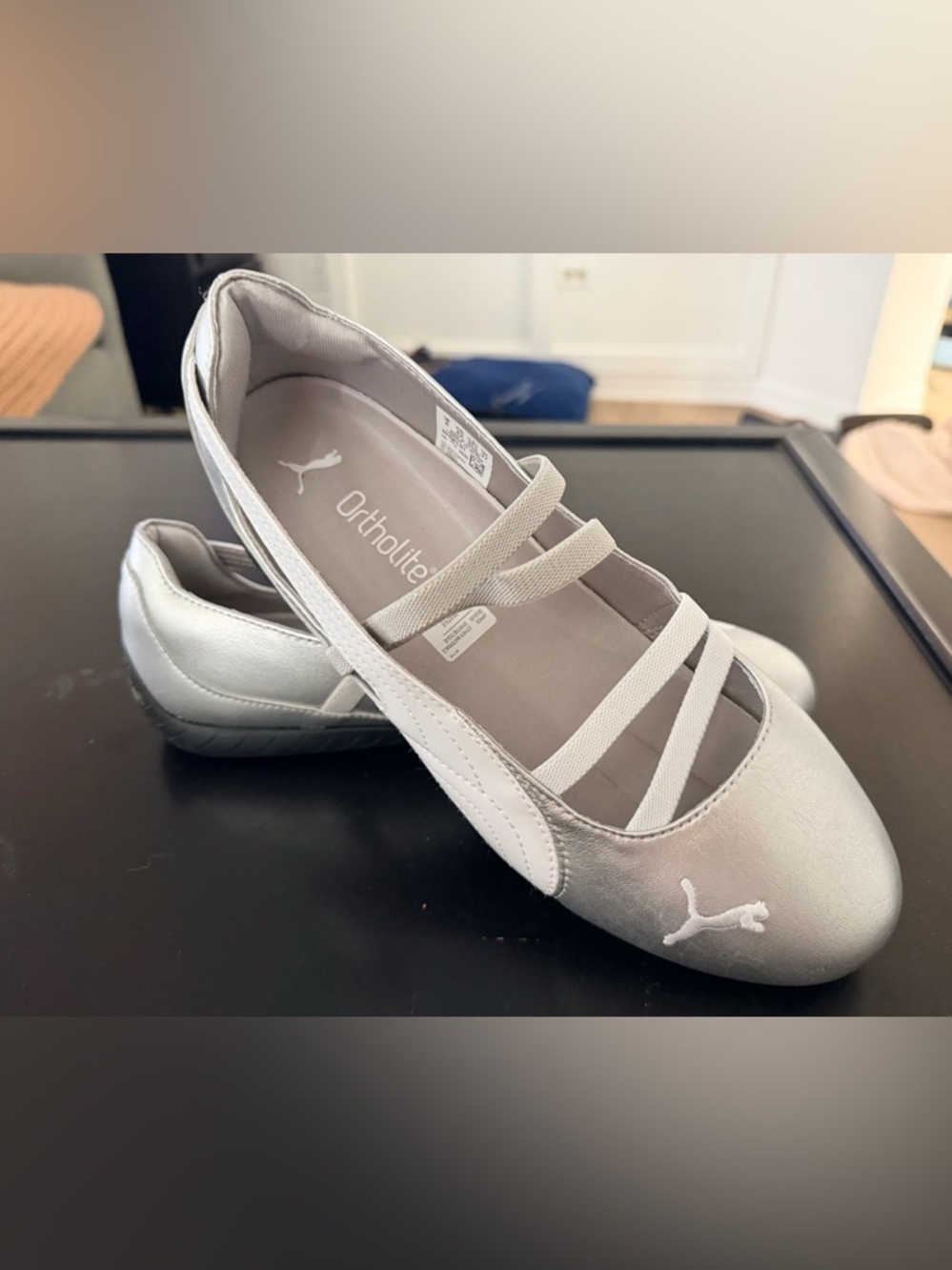 PUMA Silver and White Ballet-Style Flats with Elastic Straps - NEW never worn